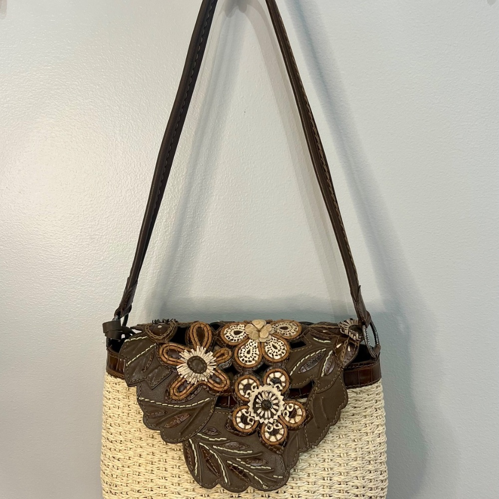 Brighton Cassia Nat Leather 3D Floral Handbag Shoulder Purse Ivory Brown Charms - Picture 2 of 11